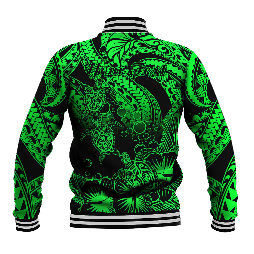 Personalised Polynesian Baseball Jacket Tribal Honu Turtle with Hibiscus Green Version - Wonder Print Shop