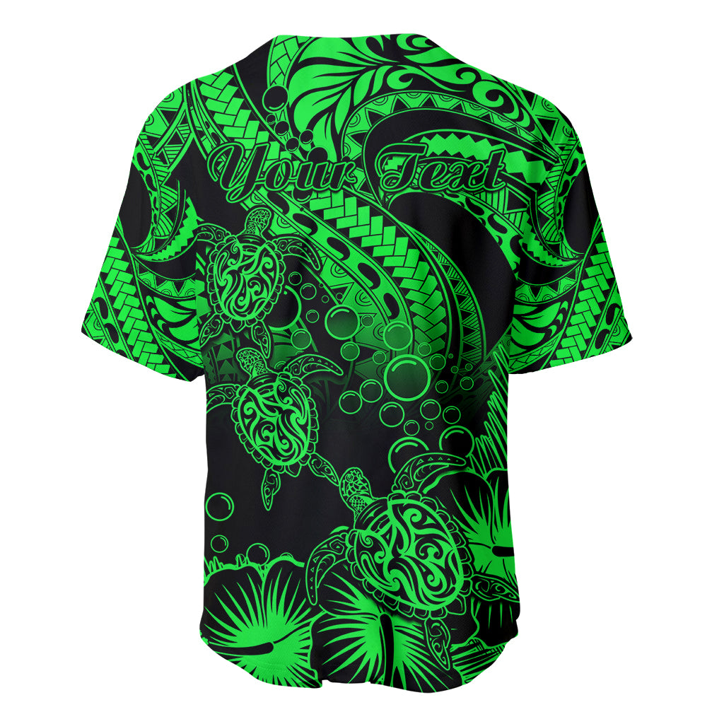 Personalised Polynesian Baseball Jersey Tribal Honu Turtle with Hibiscus Green Version - Wonder Print Shop