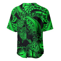 Personalised Polynesian Baseball Jersey Tribal Honu Turtle with Hibiscus Green Version - Wonder Print Shop