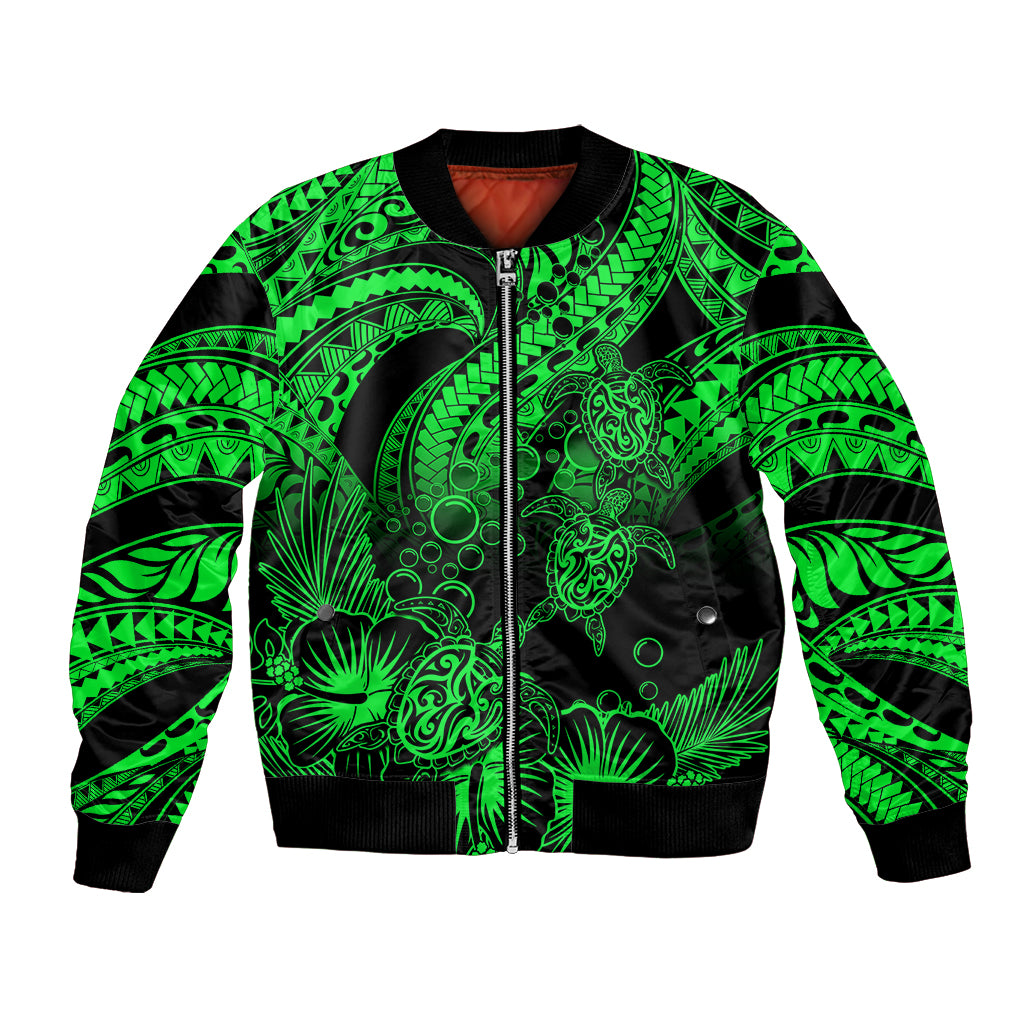 Personalised Polynesian Bomber Jacket Tribal Honu Turtle with Hibiscus Green Version - Wonder Print Shop
