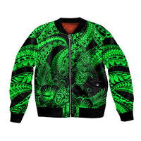 Personalised Polynesian Bomber Jacket Tribal Honu Turtle with Hibiscus Green Version - Wonder Print Shop