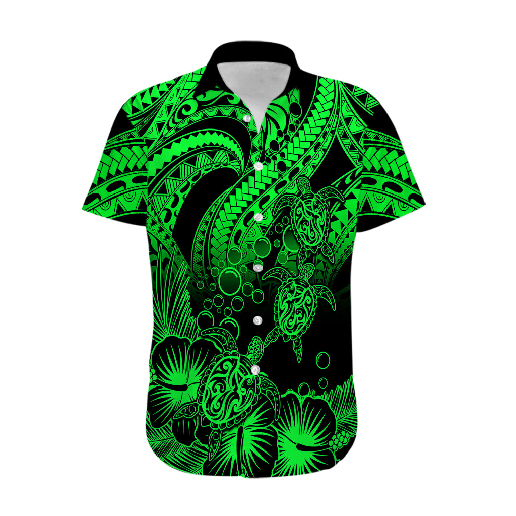 Personalised Polynesian Hawaiian Shirt Tribal Honu Turtle with Hibiscus Green Version - Wonder Print Shop