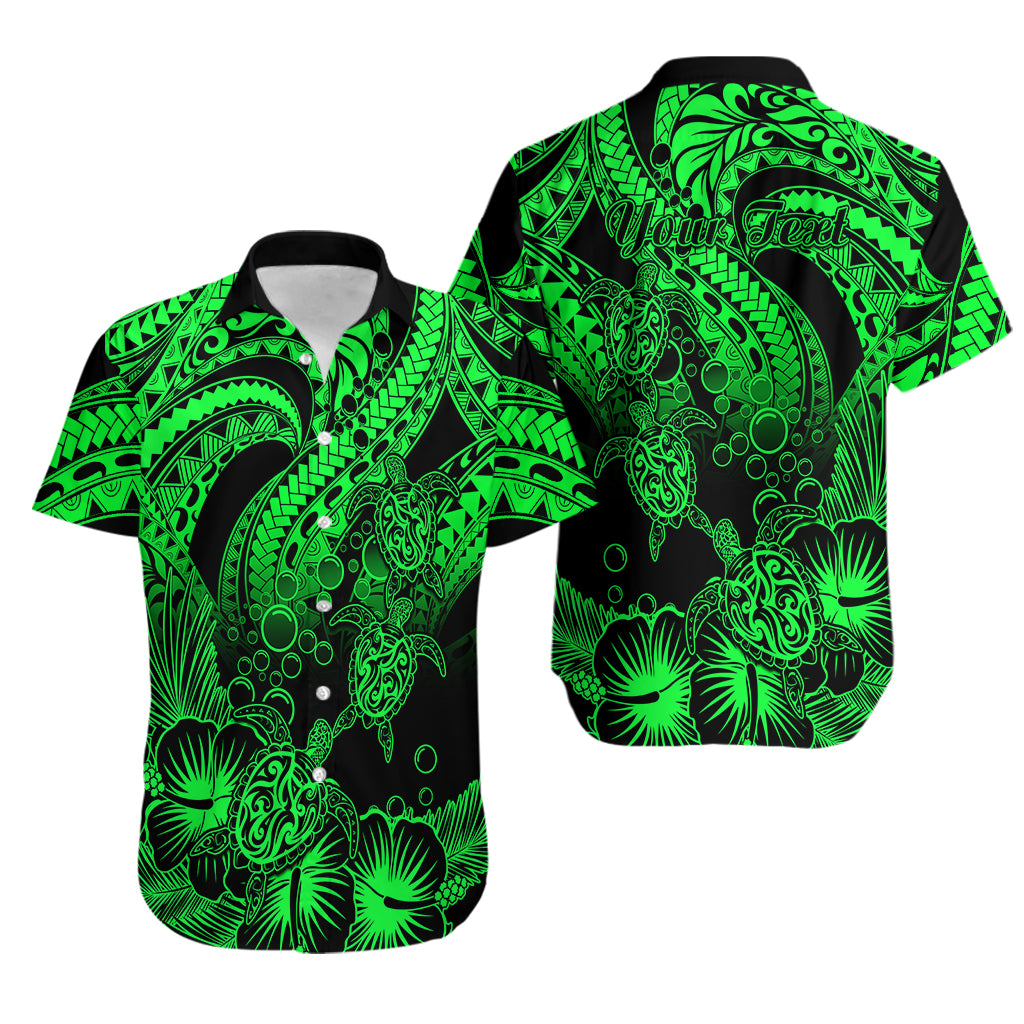Personalised Polynesian Hawaiian Shirt Tribal Honu Turtle with Hibiscus Green Version - Wonder Print Shop