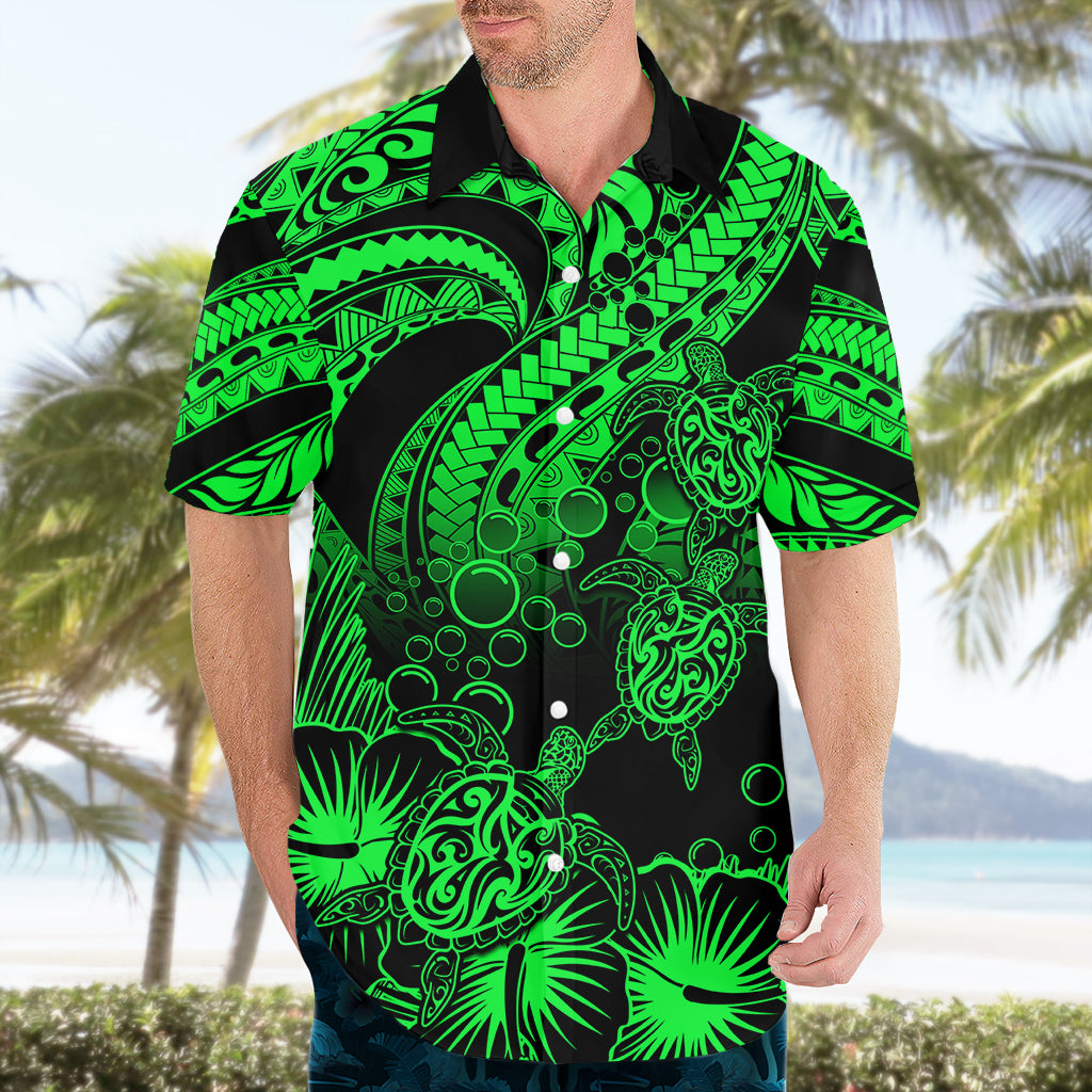 Personalised Polynesian Hawaiian Shirt Tribal Honu Turtle with Hibiscus Green Version - Wonder Print Shop