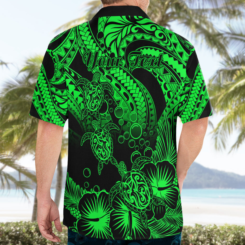 Personalised Polynesian Hawaiian Shirt Tribal Honu Turtle with Hibiscus Green Version - Wonder Print Shop