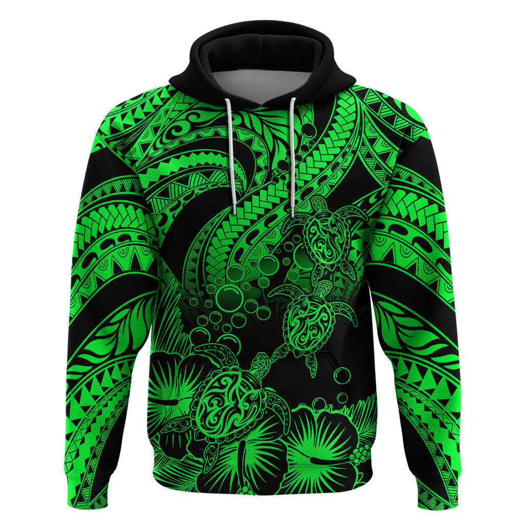 Custom Polynesian Hoodie Tribal Honu Turtle with Hibiscus Green Version - Wonder Print Shop