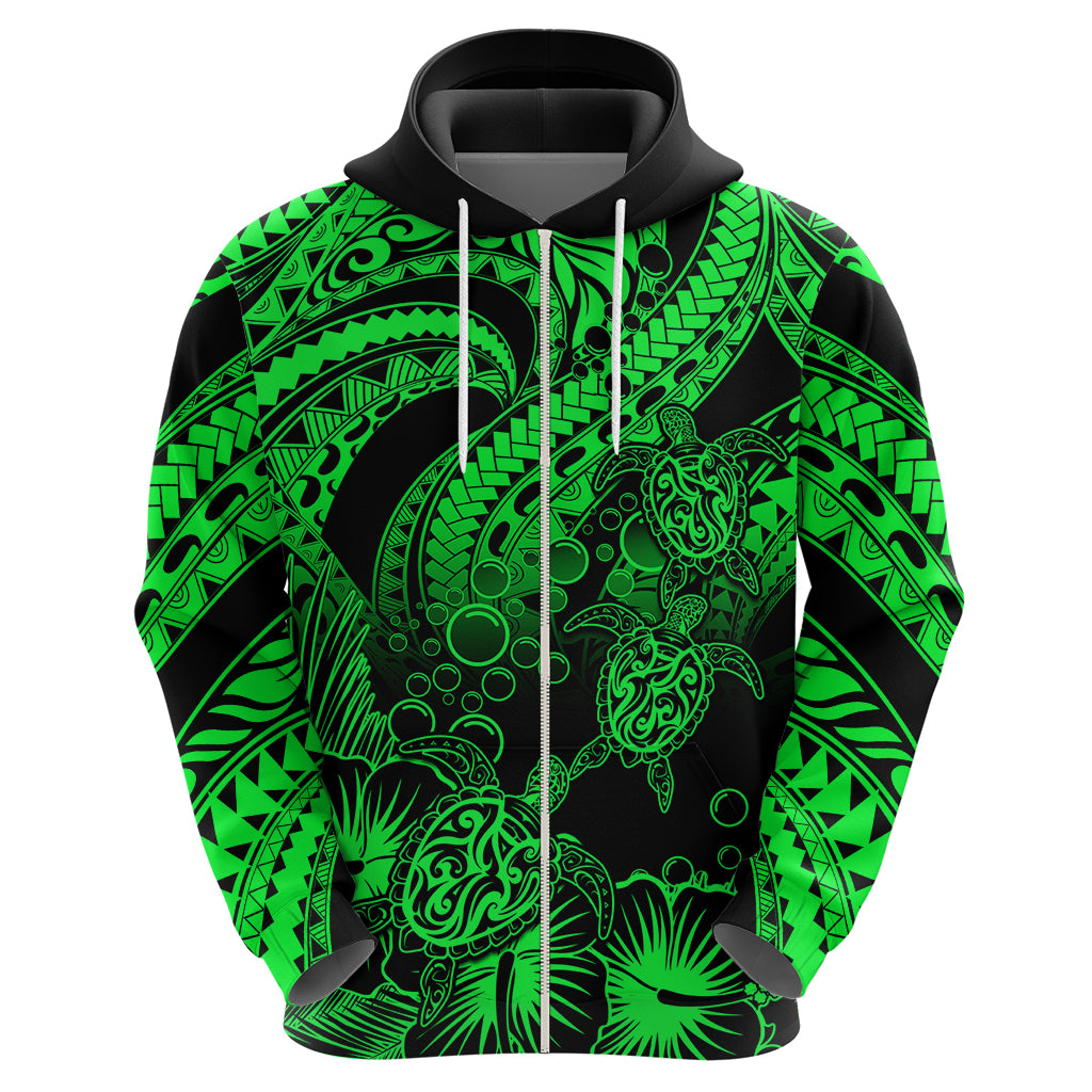 Custom Polynesian Hoodie Tribal Honu Turtle with Hibiscus Green Version - Wonder Print Shop