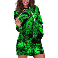 Personalised Polynesian Hoodie Dress Tribal Honu Turtle with Hibiscus Green Version - Wonder Print Shop
