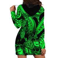 Personalised Polynesian Hoodie Dress Tribal Honu Turtle with Hibiscus Green Version - Wonder Print Shop