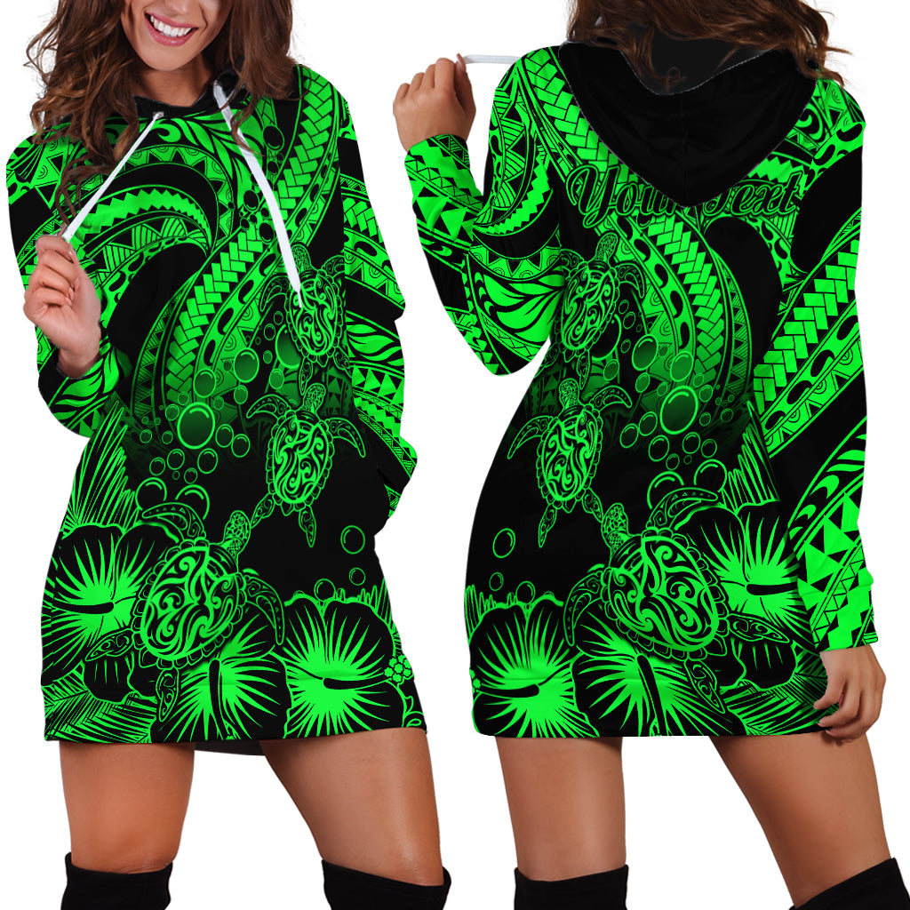 Personalised Polynesian Hoodie Dress Tribal Honu Turtle with Hibiscus Green Version - Wonder Print Shop