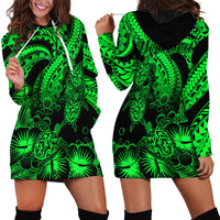 Personalised Polynesian Hoodie Dress Tribal Honu Turtle with Hibiscus Green Version - Wonder Print Shop