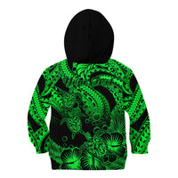 Personalised Polynesian Kid Hoodie Tribal Honu Turtle with Hibiscus Green Version - Wonder Print Shop
