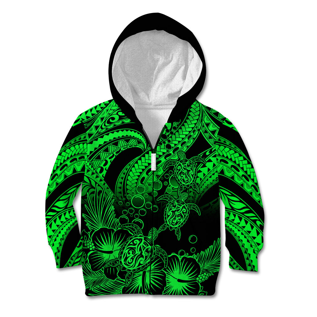 Personalised Polynesian Kid Hoodie Tribal Honu Turtle with Hibiscus Green Version - Wonder Print Shop