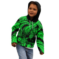 Personalised Polynesian Kid Hoodie Tribal Honu Turtle with Hibiscus Green Version - Wonder Print Shop