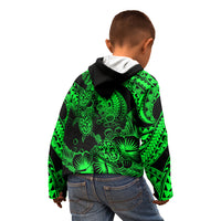 Personalised Polynesian Kid Hoodie Tribal Honu Turtle with Hibiscus Green Version - Wonder Print Shop