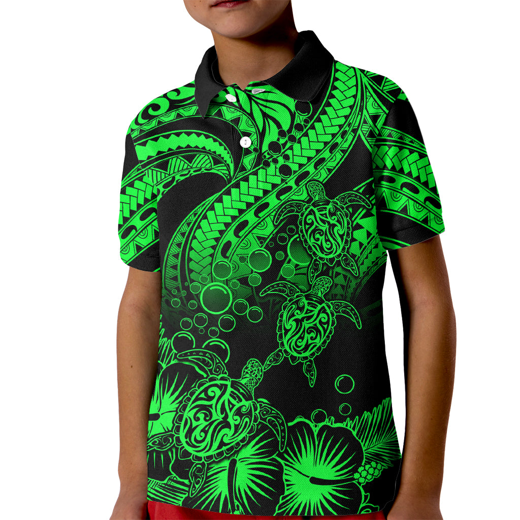 Custom Polynesian Polo Shirt for Kid Tribal Honu Turtle with Hibiscus Green Version - Wonder Print Shop