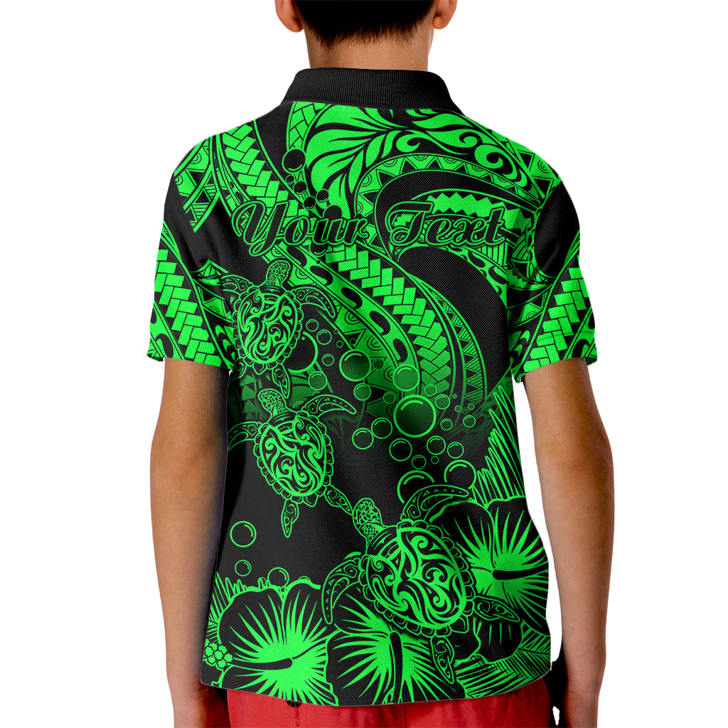 Custom Polynesian Polo Shirt for Kid Tribal Honu Turtle with Hibiscus Green Version - Wonder Print Shop