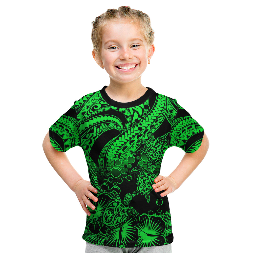 Personalised Polynesian Kid T Shirt Tribal Honu Turtle with Hibiscus Green Version - Wonder Print Shop