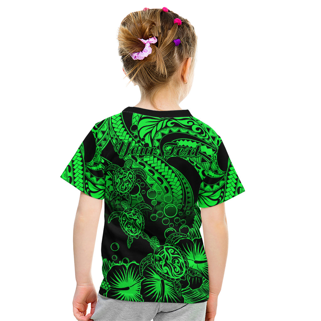 Personalised Polynesian Kid T Shirt Tribal Honu Turtle with Hibiscus Green Version - Wonder Print Shop