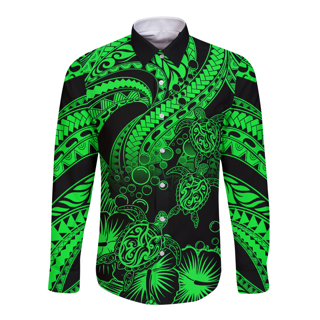 Personalised Polynesian Long Sleeve Button Shirt Tribal Honu Turtle with Hibiscus Green Version - Wonder Print Shop