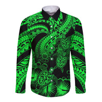 Personalised Polynesian Long Sleeve Button Shirt Tribal Honu Turtle with Hibiscus Green Version - Wonder Print Shop