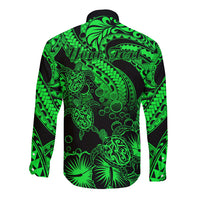 Personalised Polynesian Long Sleeve Button Shirt Tribal Honu Turtle with Hibiscus Green Version - Wonder Print Shop