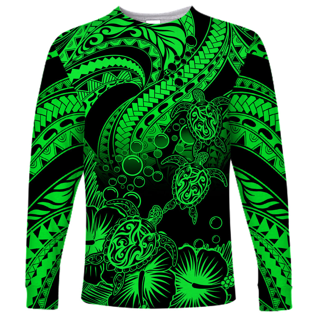 Personalised Polynesian Long Sleeve Shirt Tribal Honu Turtle with Hibiscus Green Version - Wonder Print Shop