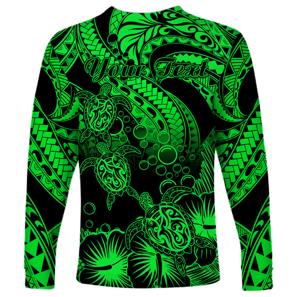 Personalised Polynesian Long Sleeve Shirt Tribal Honu Turtle with Hibiscus Green Version - Wonder Print Shop