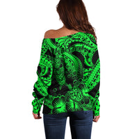 Personalised Polynesian Off Shoulder Sweater Tribal Honu Turtle with Hibiscus Green Version - Wonder Print Shop
