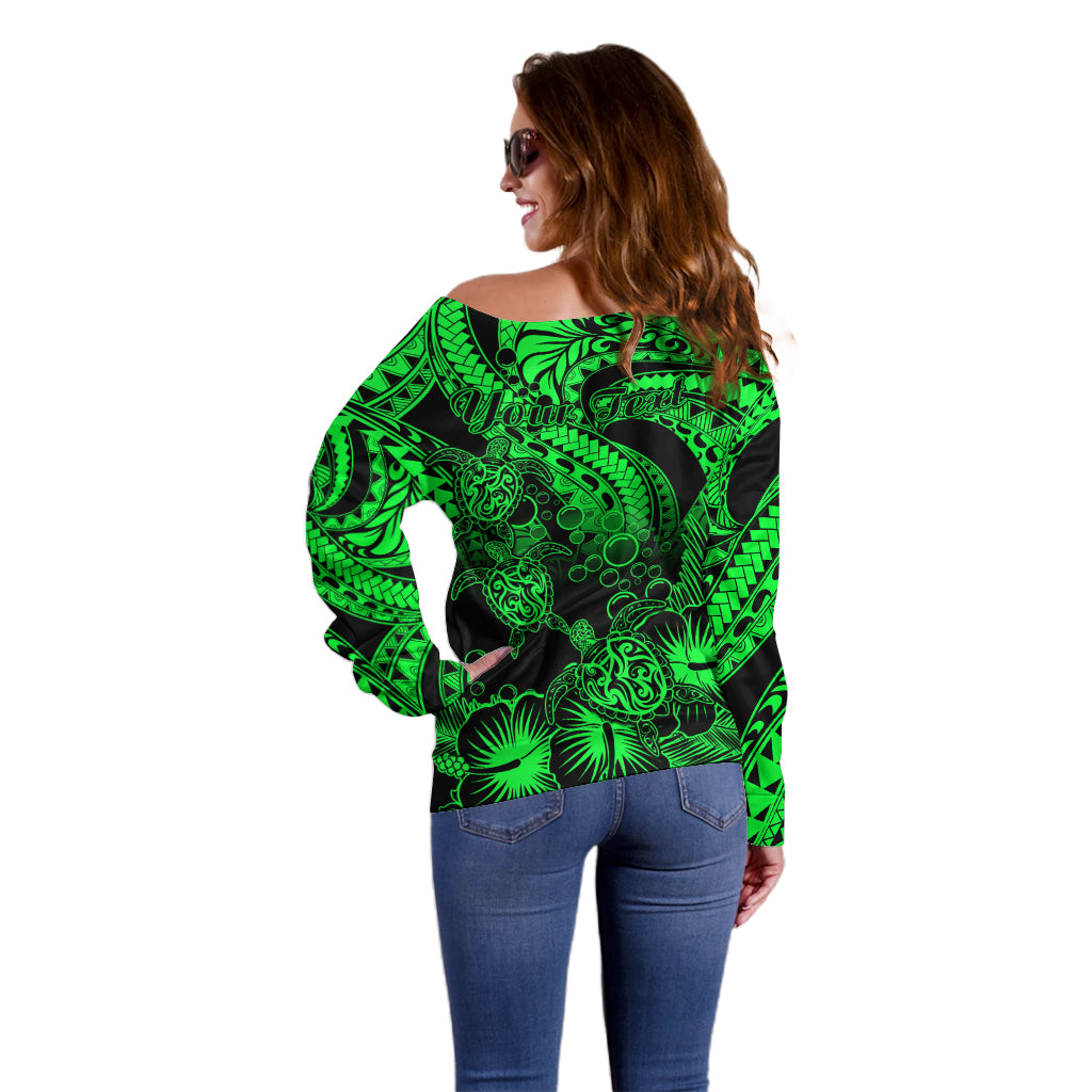 Personalised Polynesian Off Shoulder Sweater Tribal Honu Turtle with Hibiscus Green Version - Wonder Print Shop