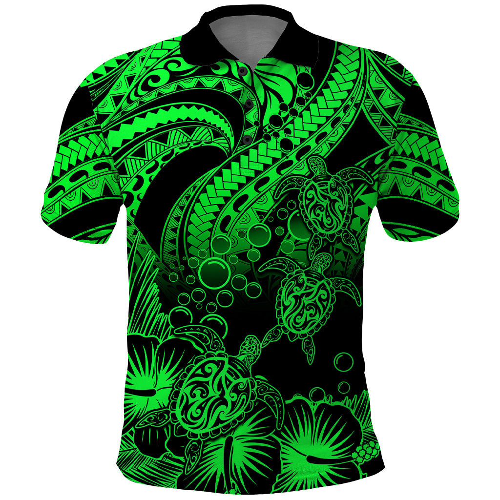 Custom Polynesian Polo Shirt Tribal Honu Turtle with Hibiscus Green Version - Wonder Print Shop