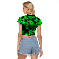 Personalised Polynesian Raglan Cropped T Shirt Tribal Honu Turtle with Hibiscus Green Version - Wonder Print Shop