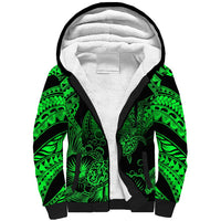 Personalised Polynesian Sherpa Hoodie Tribal Honu Turtle with Hibiscus Green Version - Wonder Print Shop