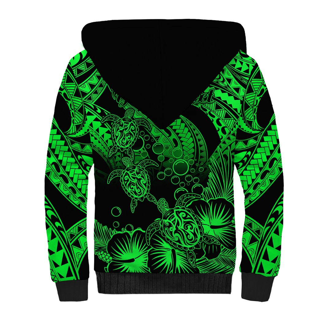 Personalised Polynesian Sherpa Hoodie Tribal Honu Turtle with Hibiscus Green Version - Wonder Print Shop
