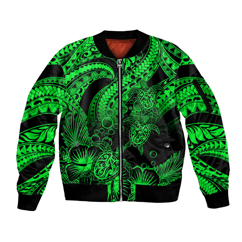 Personalised Polynesian Sleeve Zip Bomber Jacket Tribal Honu Turtle with Hibiscus Green Version - Wonder Print Shop