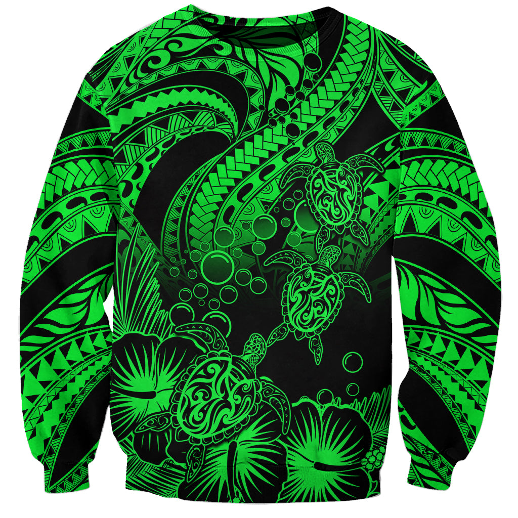 Personalised Polynesian Sweatshirt Tribal Honu Turtle with Hibiscus Green Version - Wonder Print Shop