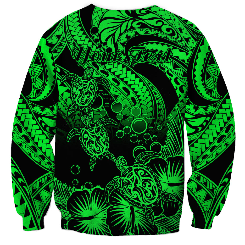 Personalised Polynesian Sweatshirt Tribal Honu Turtle with Hibiscus Green Version - Wonder Print Shop