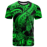 Personalised Polynesian T Shirt Tribal Honu Turtle with Hibiscus Green Version - Wonder Print Shop