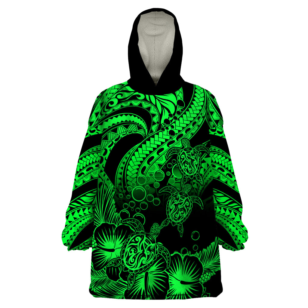 Personalised Polynesian Wearable Blanket Hoodie Tribal Honu Turtle with Hibiscus Green Version - Wonder Print Shop