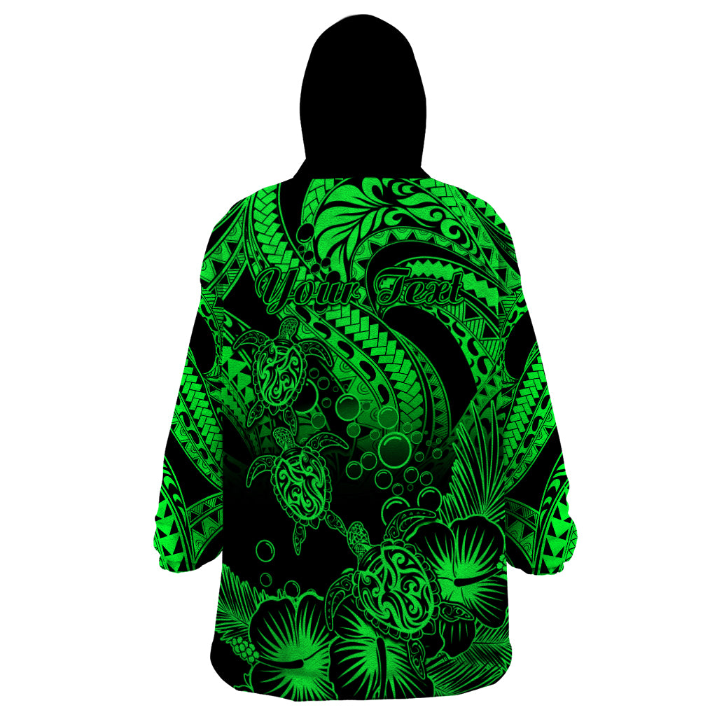 Personalised Polynesian Wearable Blanket Hoodie Tribal Honu Turtle with Hibiscus Green Version - Wonder Print Shop