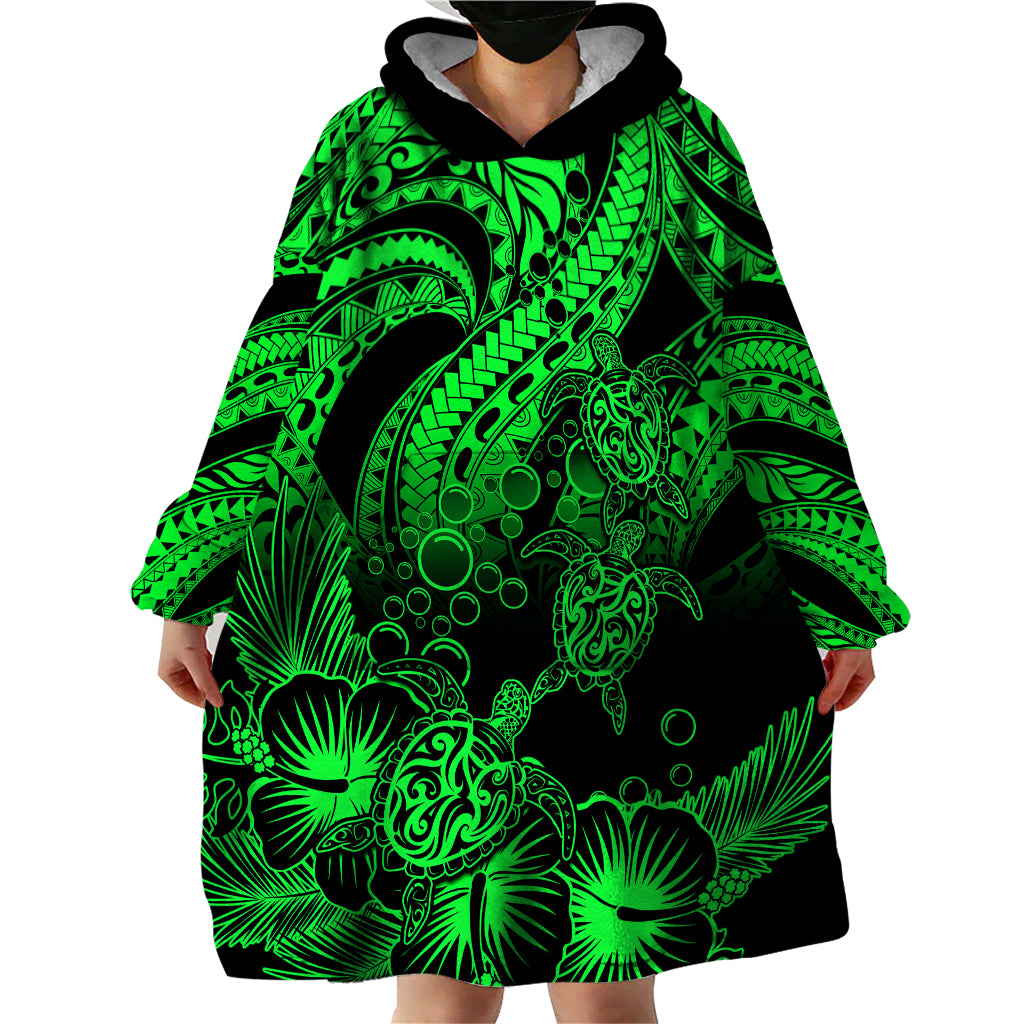 Personalised Polynesian Wearable Blanket Hoodie Tribal Honu Turtle with Hibiscus Green Version - Wonder Print Shop