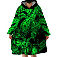 Personalised Polynesian Wearable Blanket Hoodie Tribal Honu Turtle with Hibiscus Green Version - Wonder Print Shop