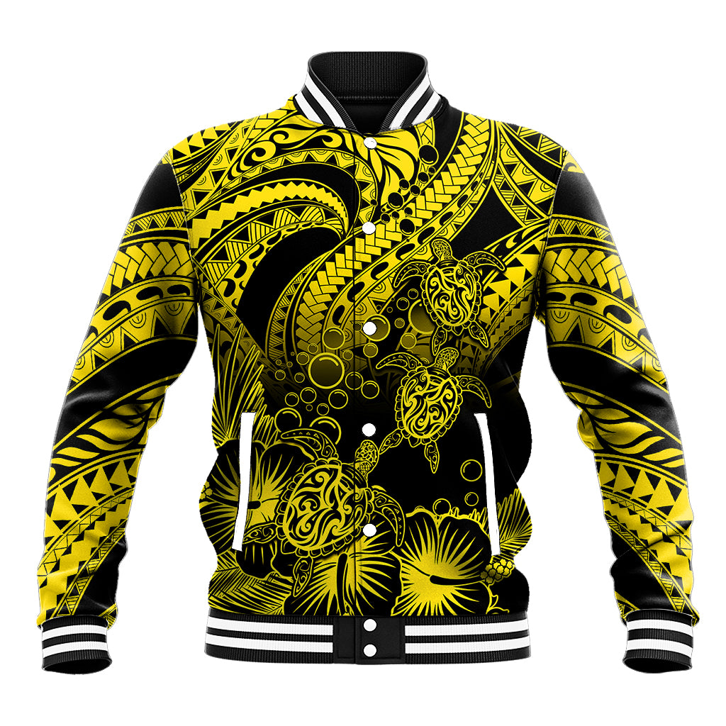 Personalised Polynesian Baseball Jacket Tribal Honu Turtle with Hibiscus Gold Version - Wonder Print Shop