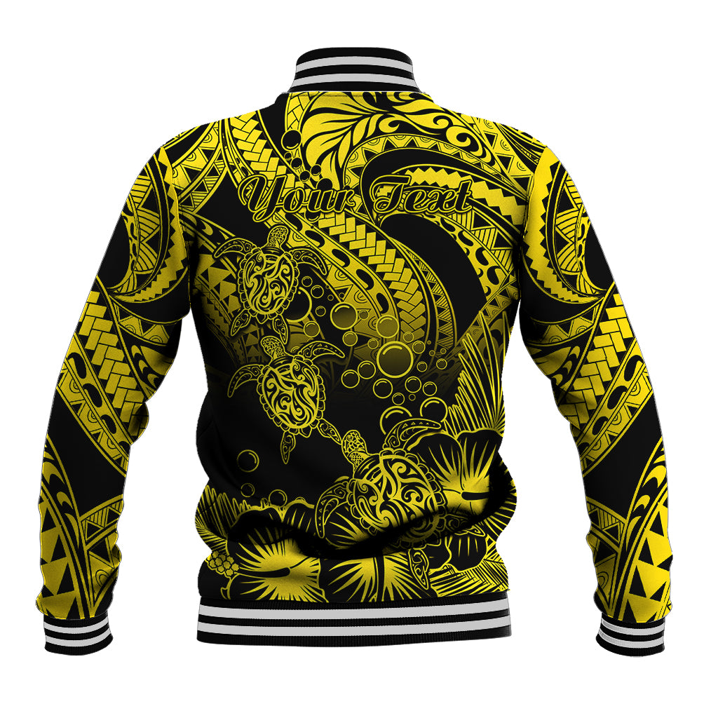 Personalised Polynesian Baseball Jacket Tribal Honu Turtle with Hibiscus Gold Version - Wonder Print Shop