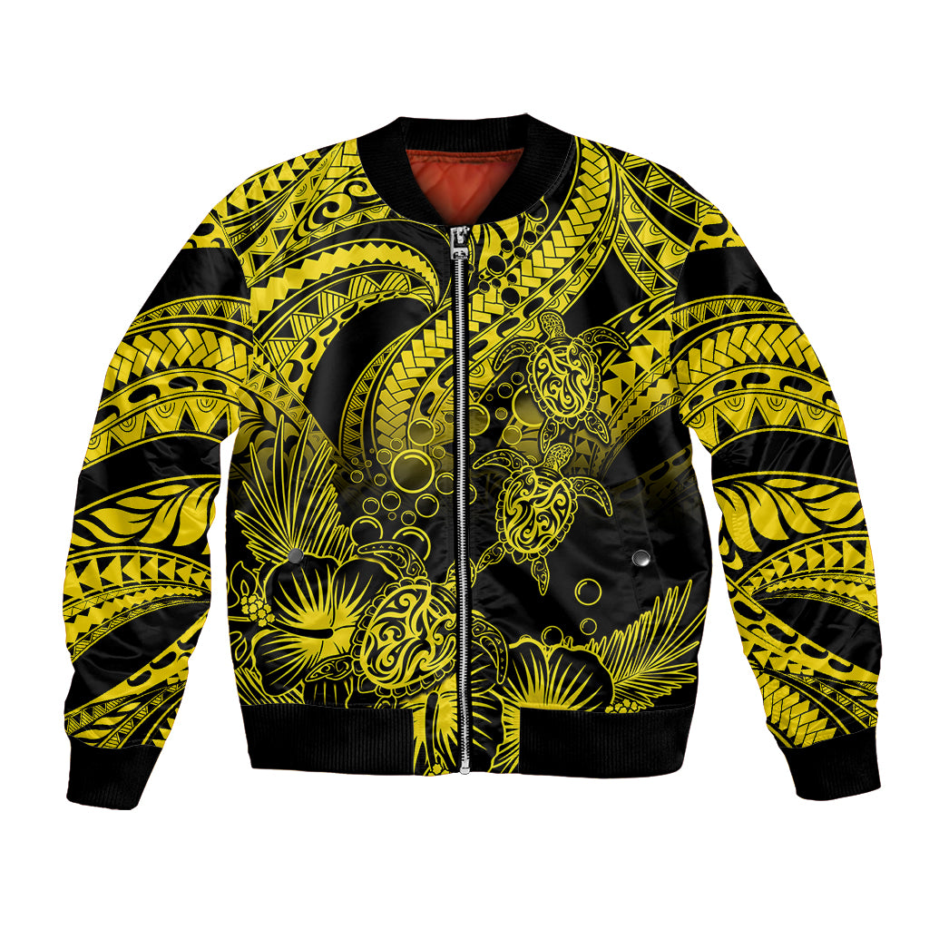 Personalised Polynesian Bomber Jacket Tribal Honu Turtle with Hibiscus Gold Version - Wonder Print Shop