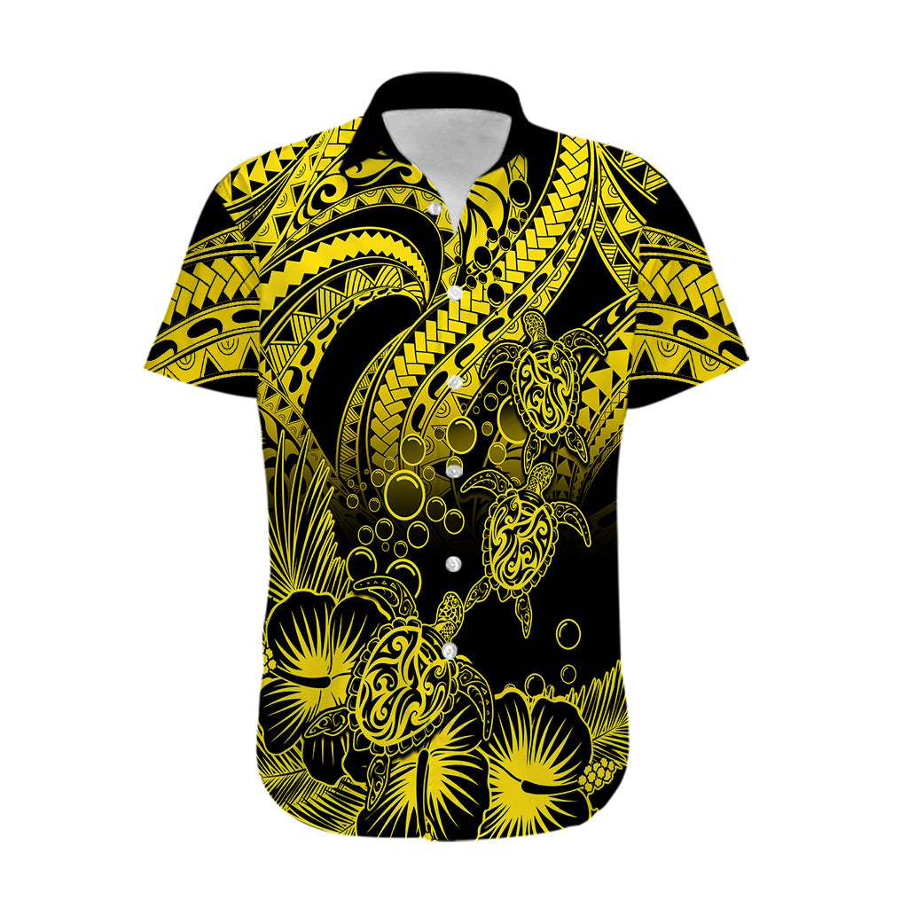 Personalised Polynesian Hawaiian Shirt Tribal Honu Turtle with Hibiscus Gold Version - Wonder Print Shop