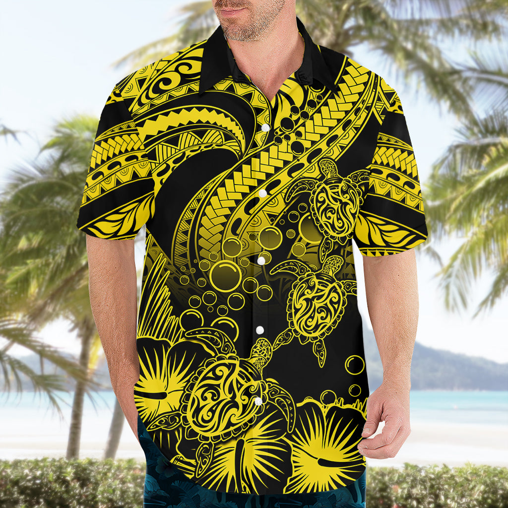 Personalised Polynesian Hawaiian Shirt Tribal Honu Turtle with Hibiscus Gold Version - Wonder Print Shop