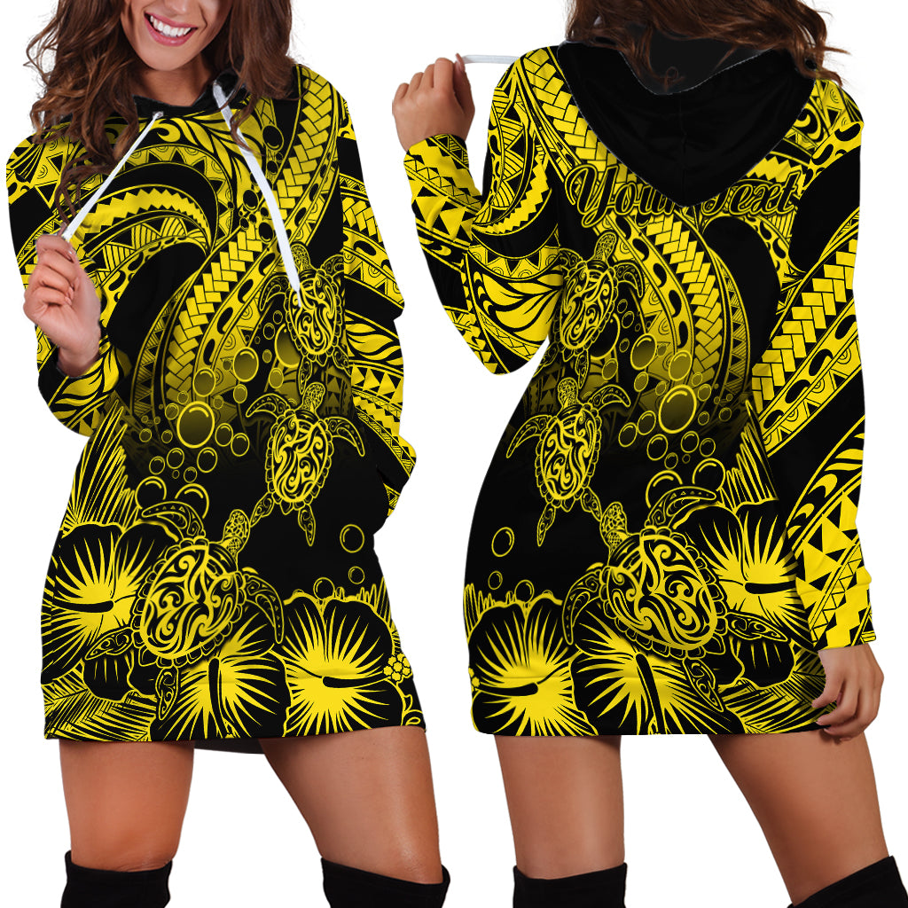 Personalised Polynesian Hoodie Dress Tribal Honu Turtle with Hibiscus Gold Version - Wonder Print Shop