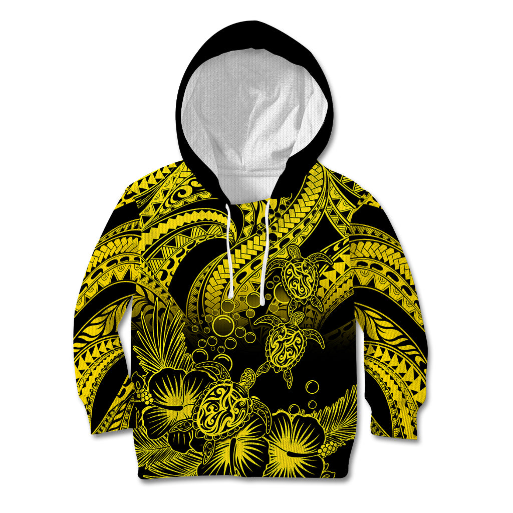 Personalised Polynesian Kid Hoodie Tribal Honu Turtle with Hibiscus Gold Version - Wonder Print Shop