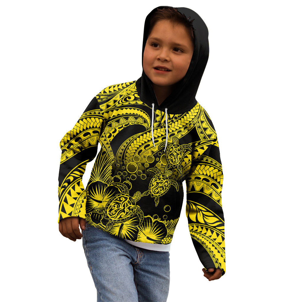 Personalised Polynesian Kid Hoodie Tribal Honu Turtle with Hibiscus Gold Version - Wonder Print Shop